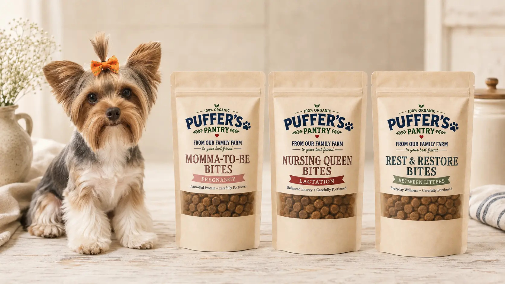 Baby, a Yorkshire Terrier, beside packaging concepts for Momma-to-Be Bites, Nursing Queen Bites, and Rest & Restore Bites