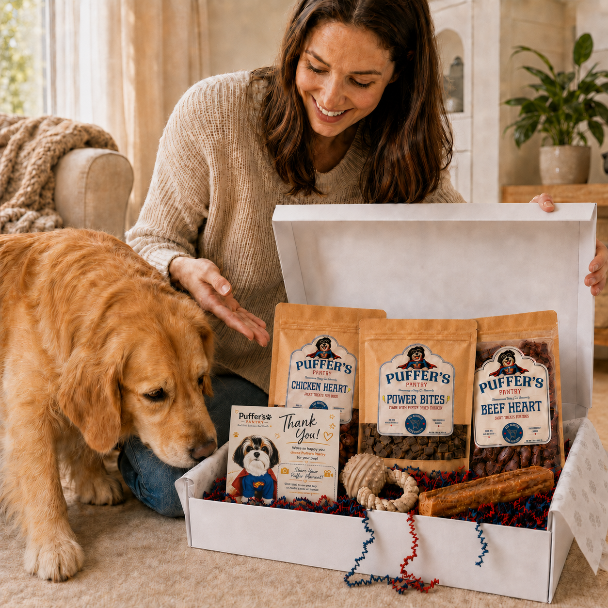 A dog owner opening a monthly Puffer’s Pantry box with treats, a toy, a chew, and a thank-you card for her golden retriever